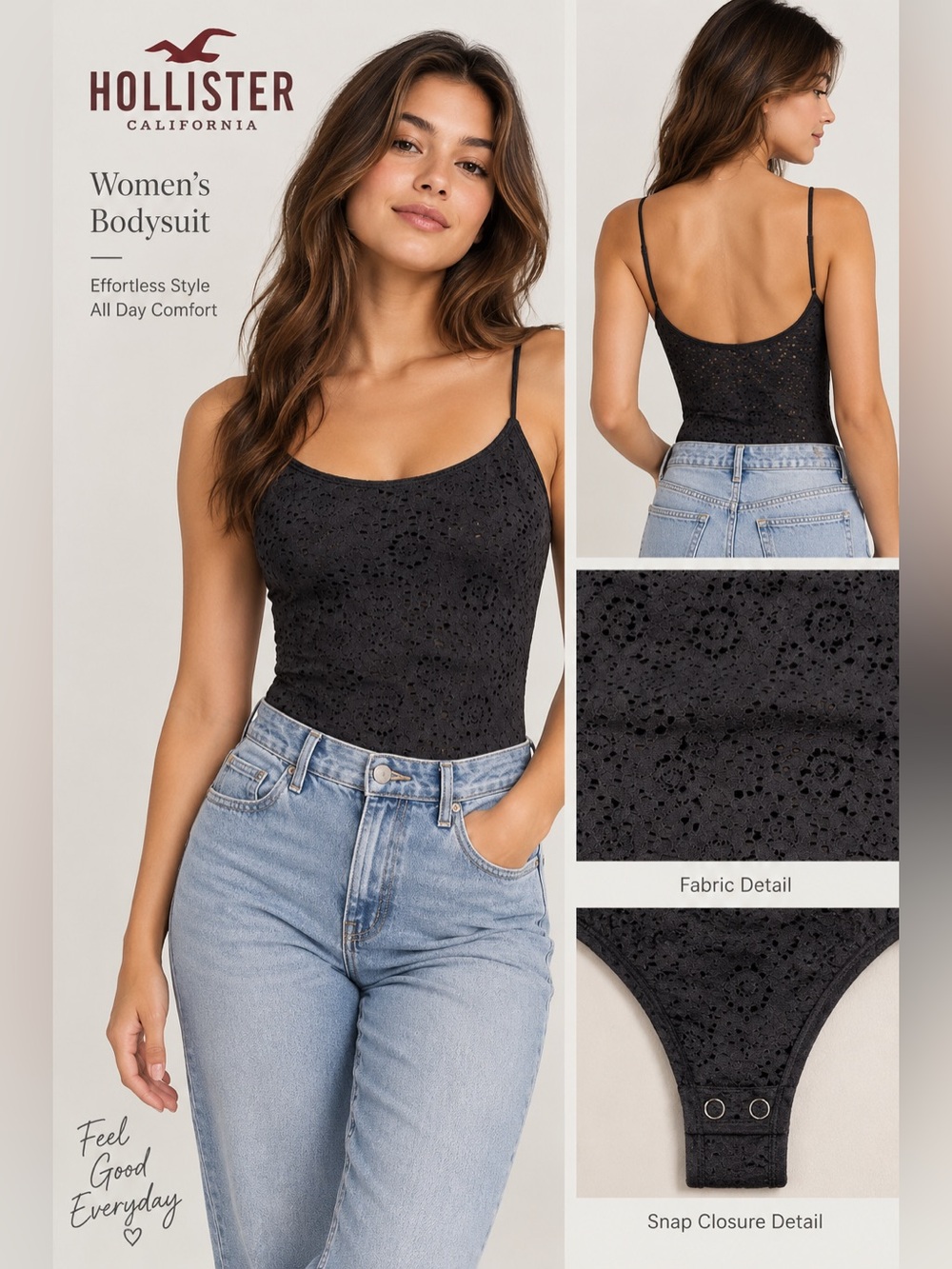 Hollister Black Lace-Texture Scoop Neck Bodysuit
